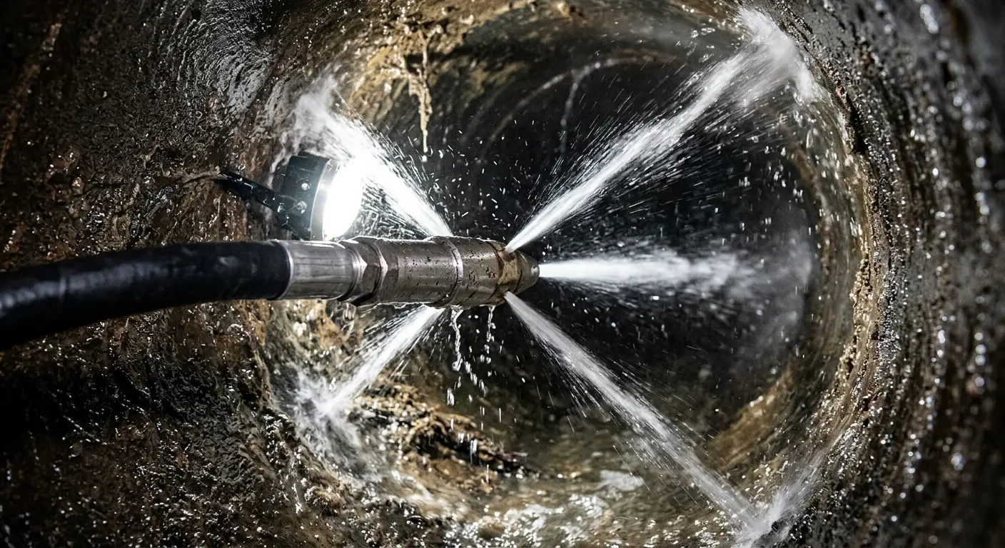 High-pressure hydro jetting nozzle cleaning sewer pipe for Trenchless Sewer Repair in New Orleans