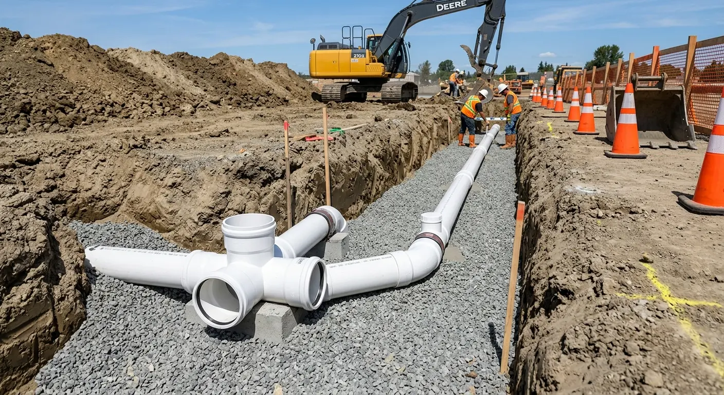 New PVC sewer pipe installation in open trench for Grease Trap Cleaning in New Orleans