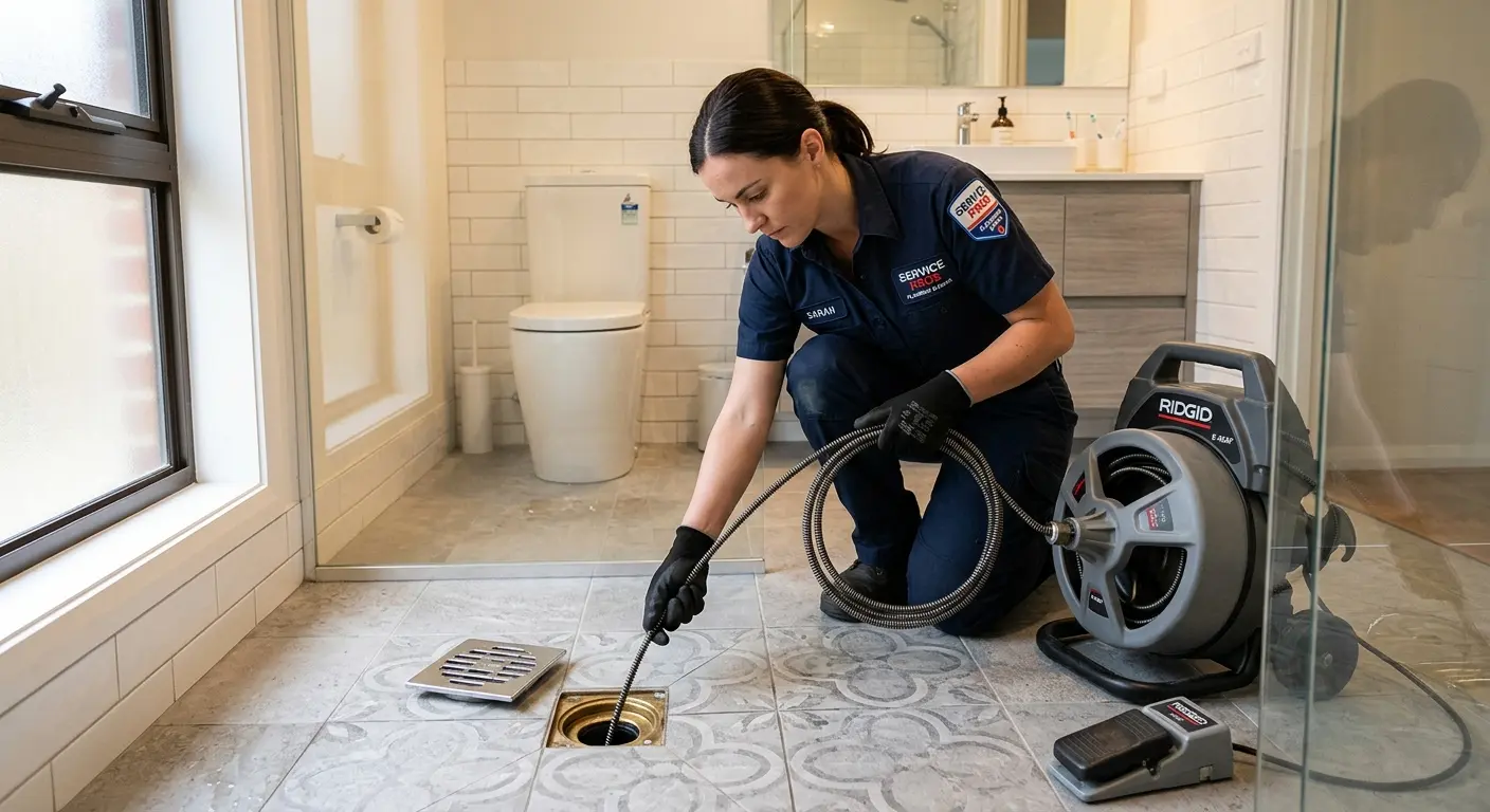 Technician clearing a bathroom floor drain for Drain Cleaning in New Orleans